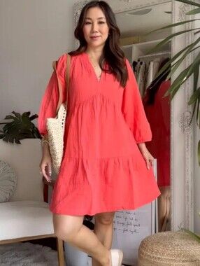 GAP Women's Bright Orange Tiered Cotton Gauze Midi Dress XSP Runs L